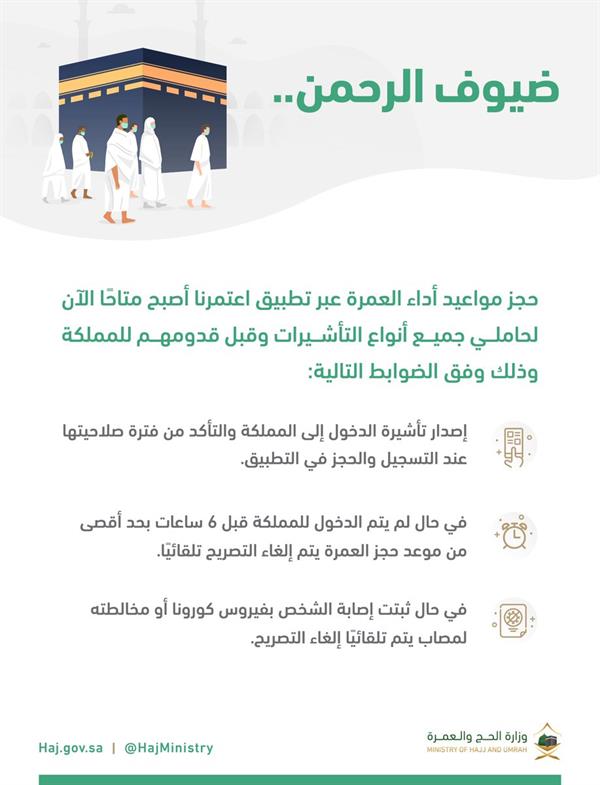 "الحج" تتيح لحامي جميع أنواع التأشيرات حجز العمرة عبر "اعتمرنا" قبل القدوم إلى المملكة 