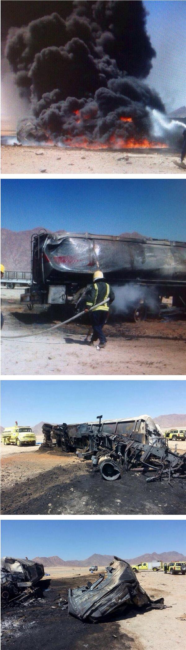  السيطرة على حادث انقلاب واشتعال صهريج ديزل