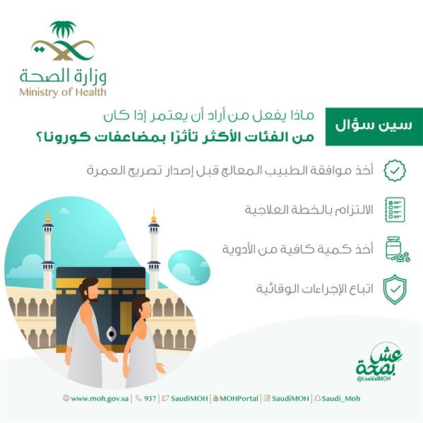 "الصحة" توصي المعتمرين الأكثر تأثراً بمضاعفات كورونا بعدة إرشادات