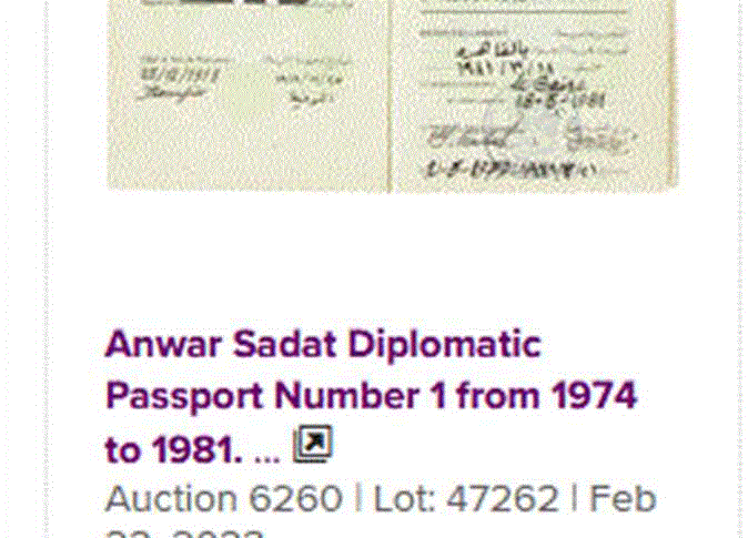 عرض جواز سفر الرئيس المصري الراحل أنور السادات في دار مزادات 