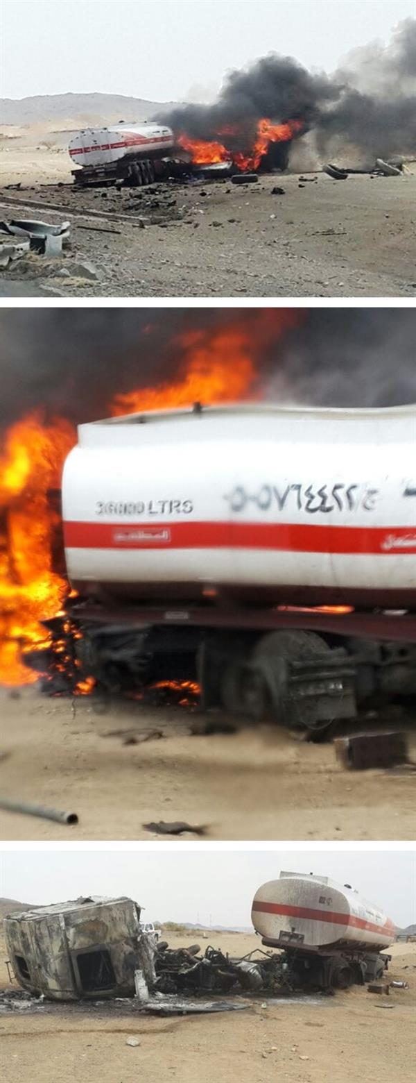 اشتعال ناقلة وقود على طريق بيشة