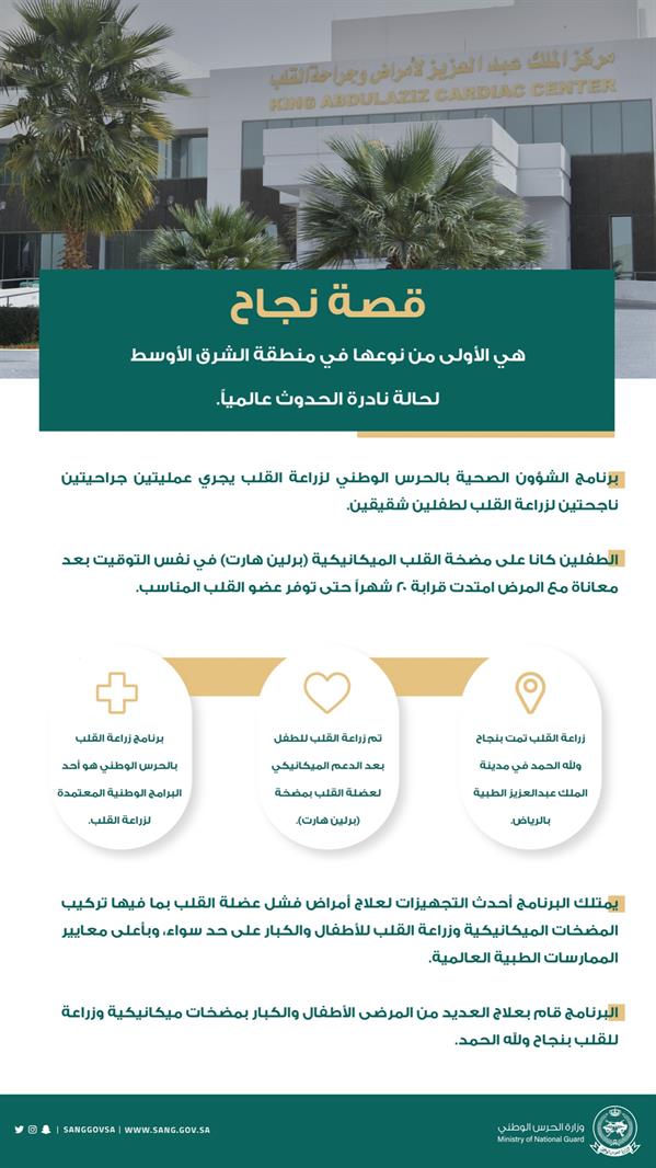 جراحتان ناجحتان لزراعة القلب لطفلين شقيقين في مستشفى الحرس الوطني 