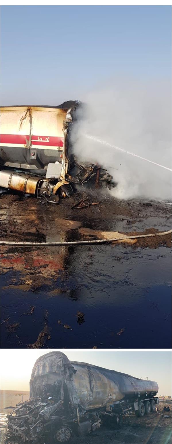  اصطدام ناقلة زيت بتريلا واشتعال النيران بها