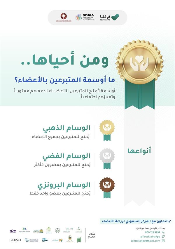 "توكلنا" يُعلن منح 3 أوسمة مختلفة للمتبرعين بالأعضاء 