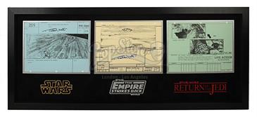 Triple Storyboard Display - Tie Fighter Pursues, Rebel Speeder, Ewok Attack (Dog Fight 209)