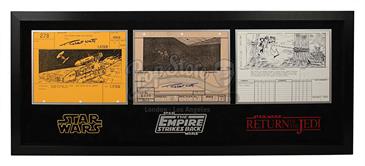 Triple Storyboard Display - Y-Wing Explodes, Tie Fighter Pursues, Ewok's Trap (Gold 278)