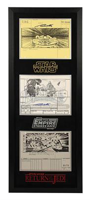 Triple Storyboard Display - Millennium Falcon Hyperspace, Snow Stormtroopers, A-Wing Explodes (TAT Escape 114G)