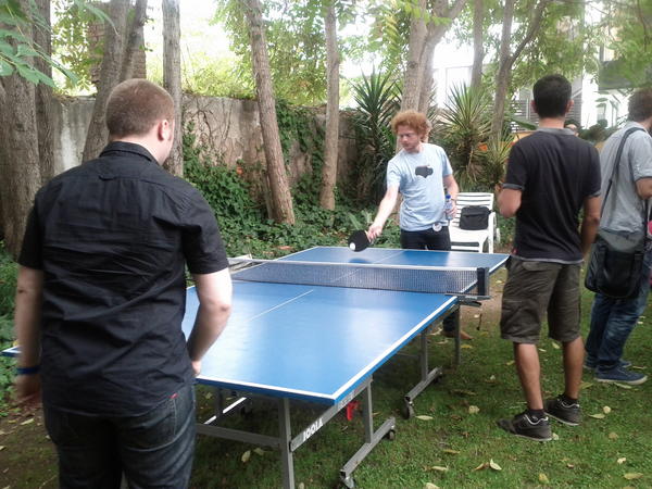 People played ping-pong in the Barcelona Facebook World Hack