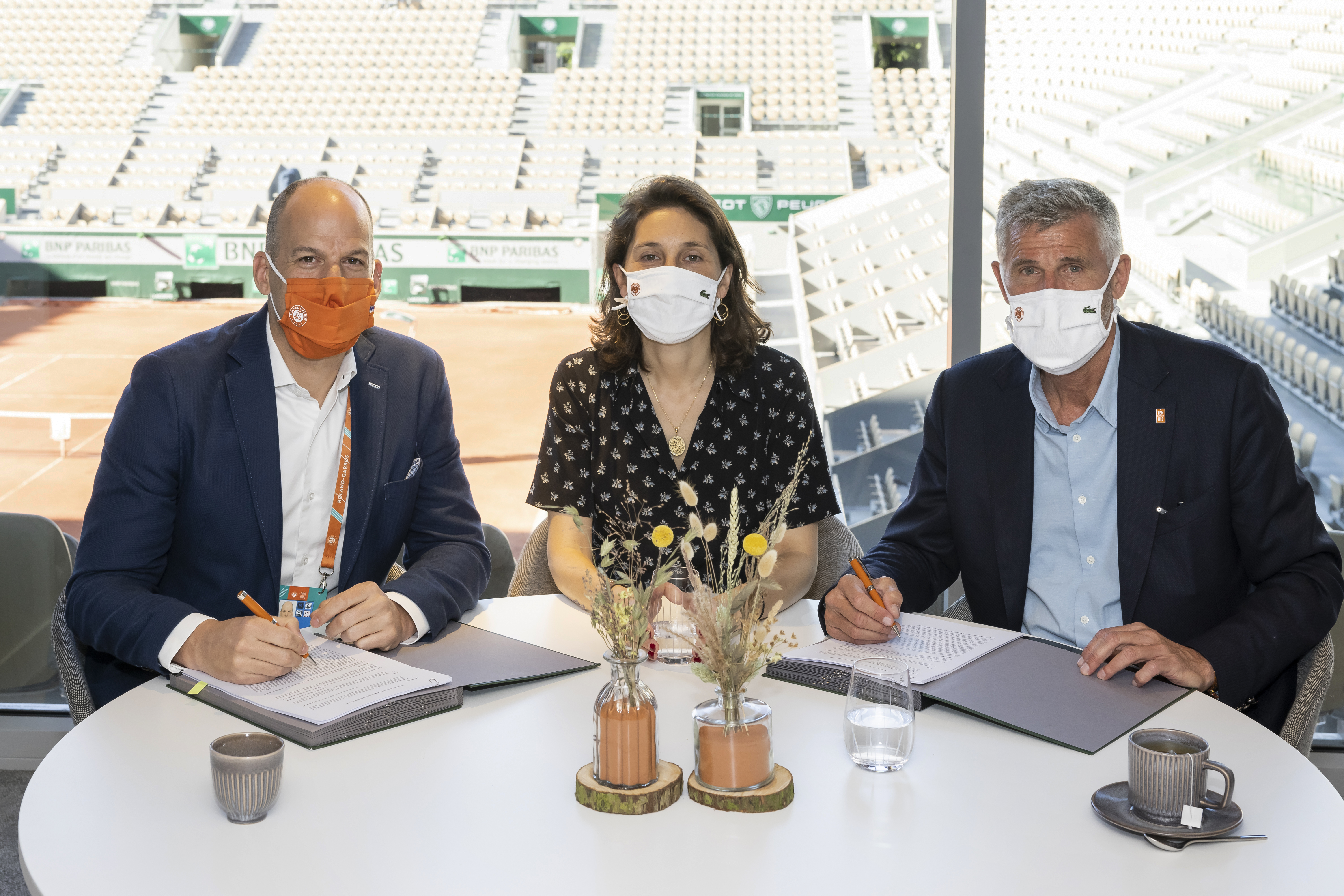 Andrew Georgiou, President, Eurosport and Global Sports Rights & Sports Marketing Services; Amélie Oudéa-Castéra, FFT Chief Executive Officer; Gilles Moretton, FFT President