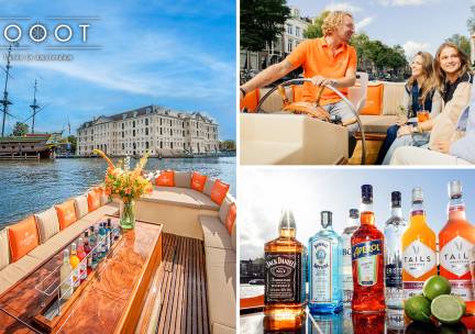 Rondvaart Amsterdamse grachten (1 uur) + live gids + (cocktail)bar aan boord bij Booot
