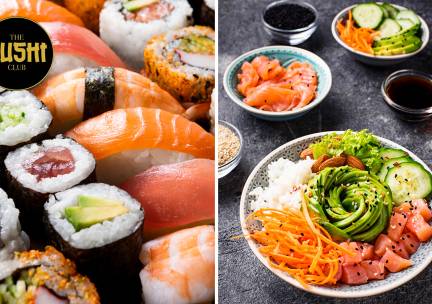 2 pokÃ©bowls, sushibox naar keuze (40 stuks) of partyschaal voor afhaal bij The Sushi Club