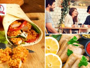 Burger of wrap + samosa of chicken roll fries + drankje