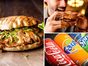 Burger of schotel + friet + saus + frisdrank + eclair