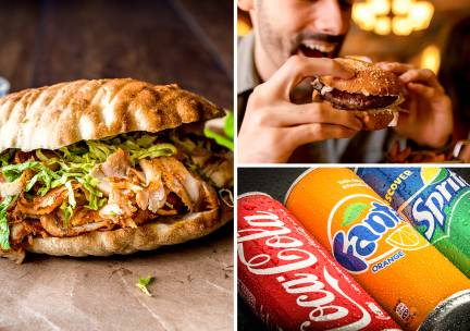 Burger of schotel + friet + saus + frisdrank + eclair