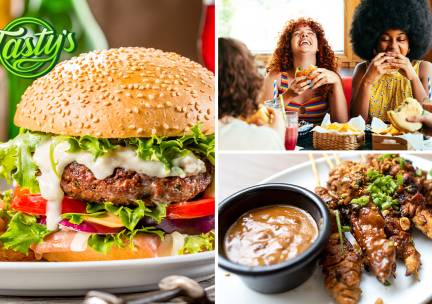 Hamburger of satÃ© + friet + saus voor dine-in of afhaal bij Tasty's
