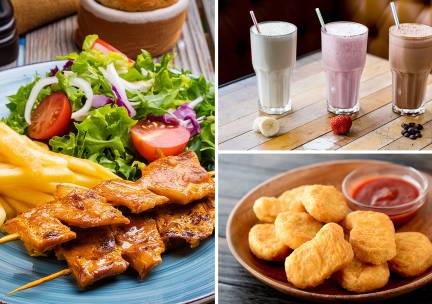 Schotel naar keuze + patat + saus + evt. milkshake of frisdrank