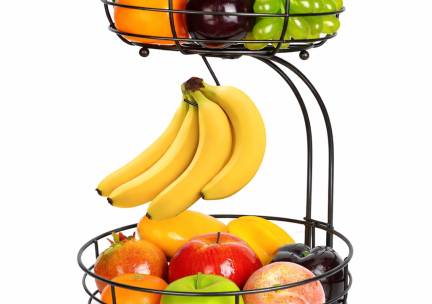 XEMM Fruitmand met Bananenhouder - 2-Laags Rond - Zwart Metaal