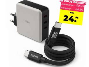 FlinQ 100W Adapter Incl. Kabel Set - Laad 3 Apparaten Tegelijkertijd Op! ...