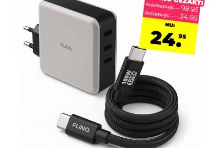FlinQ 100W Adapter Incl. Kabel Set - Laad 3 Apparaten Tegelijkertijd Op! ...