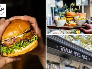 Burger + friet + saus + drankje om af te halen bij Braai Vondelpark in hartje Amsterdam