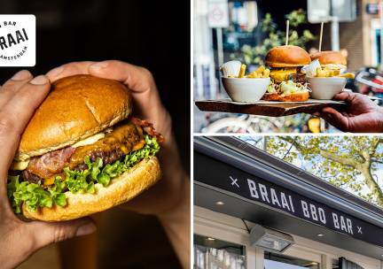 Burger + friet + saus + drankje om af te halen bij Braai Vondelpark in hartje Amsterdam