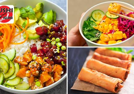 PokÃ©bowl naar keuze + 10 loempia's voor afhaal bij Sushi Island Lelystad