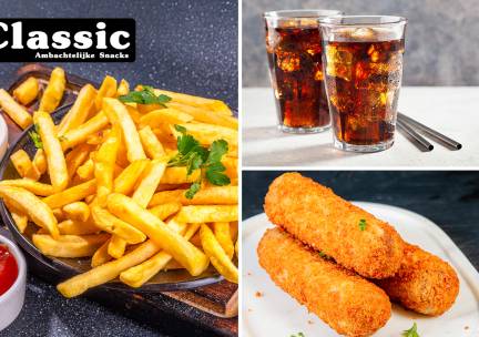 Friet + saus + 2 snacks + drinken naar keuze