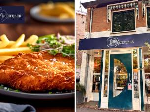 Schnitzel of braadworst + kartoffelsalat + friet bij Bistro Het Hoefijzer