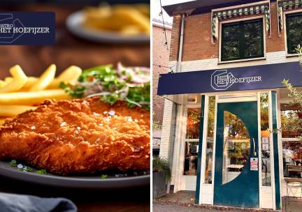 Schnitzel of braadworst + kartoffelsalat + friet bij Bistro Het Hoefijzer