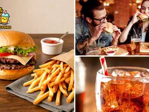 Burger + friet met saus + frisdrank naar keuze voor dine-in of afhaal