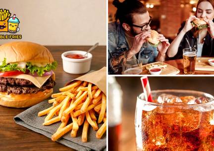 Burger + friet met saus + frisdrank naar keuze voor dine-in of afhaal