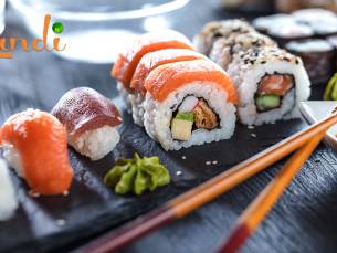 Aziatisch diner voor 2, 2 sushirollen naar keuze of sushibox (62 stuks) voor afhaal