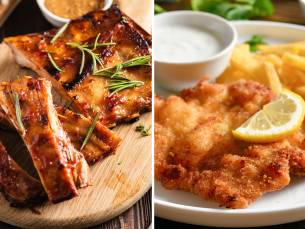 Voor afhaal: spareribs of schnitzel + friet, saus en salade