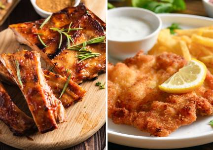 Voor afhaal: spareribs of schnitzel + friet, saus en salade