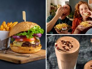 Burger + friet + saus + milkshake naar keuze