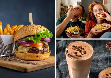 Burger + friet + saus + milkshake naar keuze