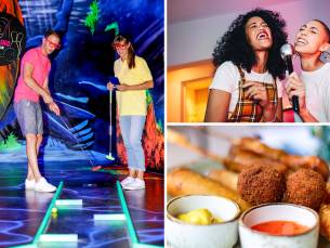 Glow in the dark minigolf + borrelhapjes of karaoke-room (1,5 uur) bij Bowling Maaseik