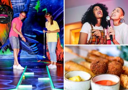 Glow in the dark minigolf + borrelhapjes of karaoke-room (1,5 uur) bij Bowling Maaseik
