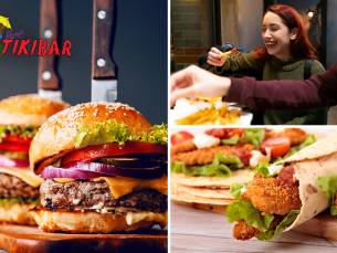 Burger, wrap of chicken wings + friet bij Roxy's Tikibar