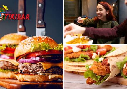 Burger, wrap of chicken wings + friet bij Roxy's Tikibar