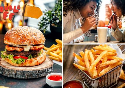 Burgermenu met burger naar keuze, milkshake, saus en friet