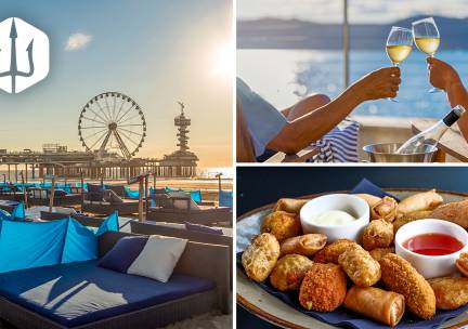 Luxe strandbed voor 2 + fles wijn + bittergarnituur op het strand van Scheveningen