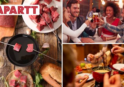 Kaas- of vleesfondue of steak on the stone + 3 drankjes bij Apartt