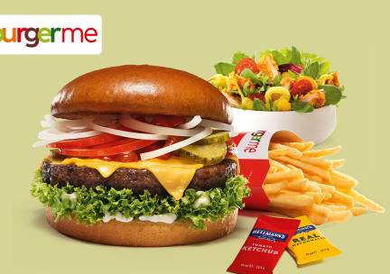 Burger naar keuze + friet + mayonaise + evt. snack of salade voor dine-in bij Burgerme