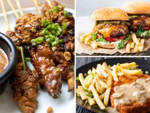 Burger, schnitzel of kipsaté naar keuze + patat + rauwkost voor afhaal