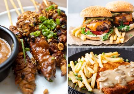 Burger, schnitzel of kipsaté naar keuze + patat + rauwkost voor afhaal