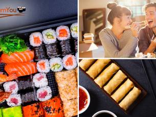 Sushibox (50 stuks) + 6 vegetarische loempia's om af te halen
