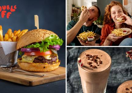 Burger + friet + saus + milkshake naar keuze