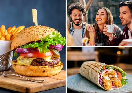 Burger, wrap of kapsalon + chicken tenders + friet met saus + frisdrank naar keuze