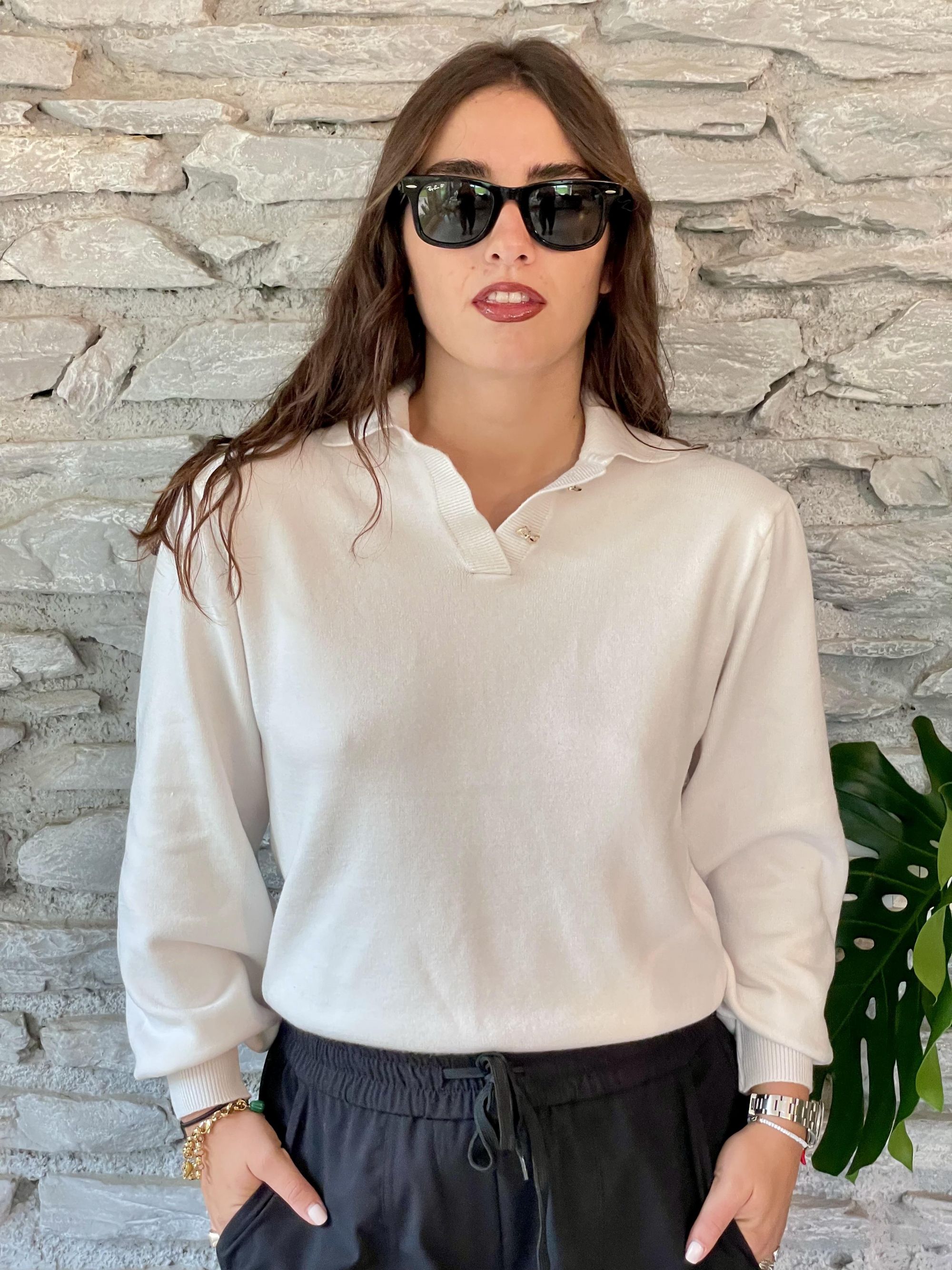 SUSY MIX - MAGLIA POLO COLOR PANNA CON BOTTONI GIOIELLO ART.IT2081